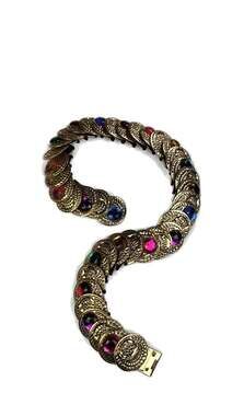 Vintage Multi-Color Cabochon Greek Key Coin Elastic Stretch Belt